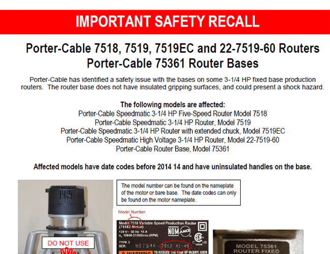 Porter-Cable Recall