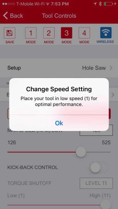 One-Key app hole saw speed warning