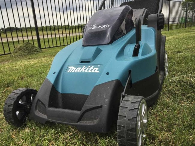 Makita battery powered lawnmower front