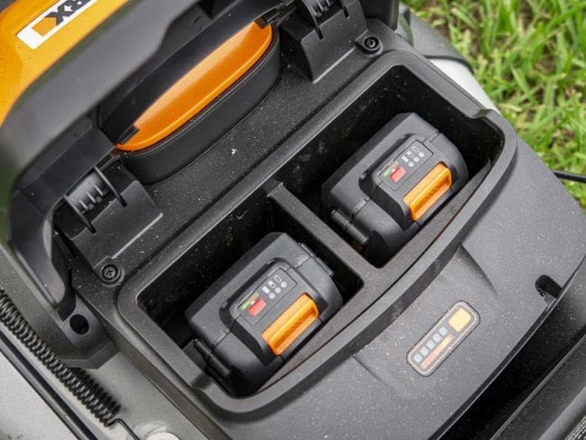 Worx 2 x 20V Battery-Powered Lawn Mower Battery Compartment