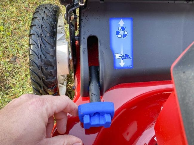 Toro battery-powered lawnmower bag lever