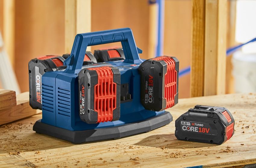 Powerful Bosch Professional cordless lawnmower and dual charger