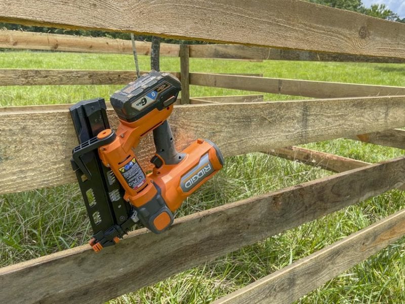 Ridgid 18V Brushless Cordless Framing Nailer on Fence