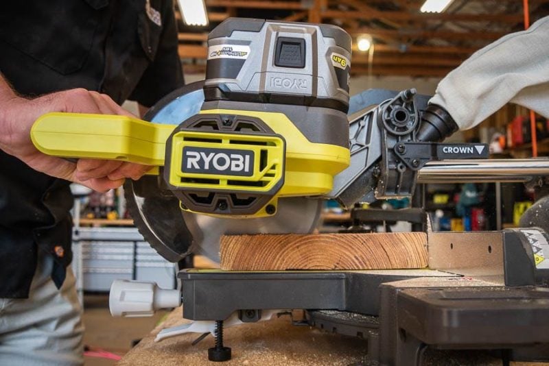 Ryobi 18V Miter Saw making cut