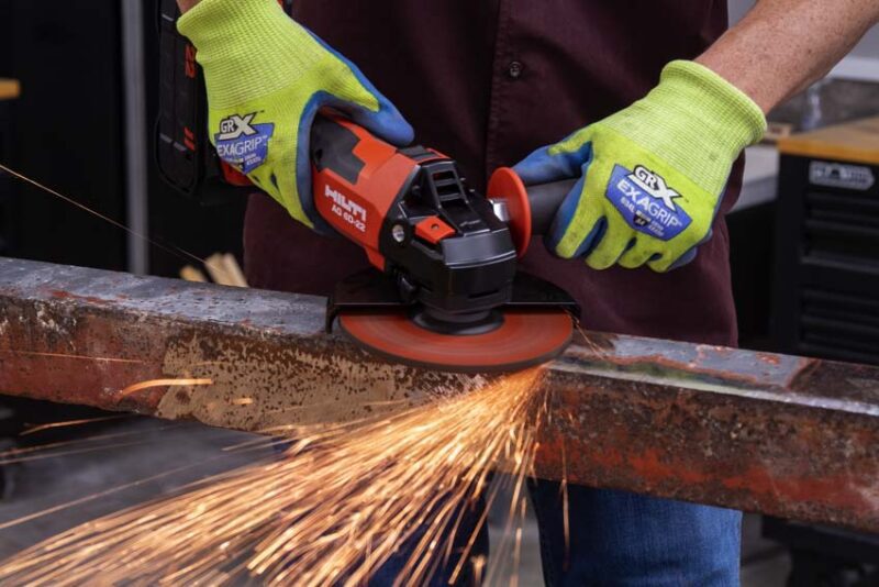 Grinders like the Hilti Nuron Cordless Angle Grinder spin at incredible speeds requiring protective clothing. Watch where you aim for those sparks!